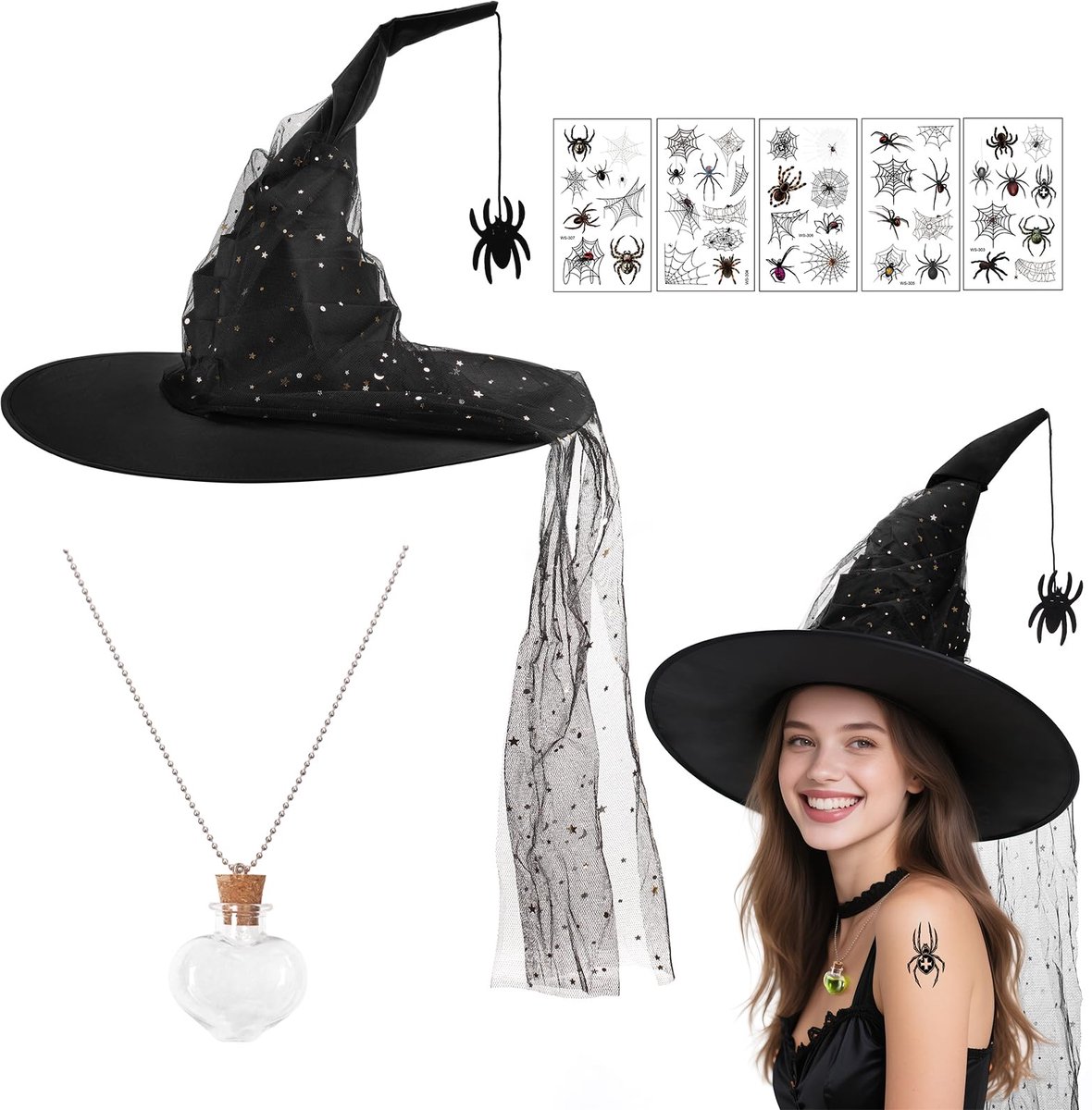 Set Van 3 Halloween-Heksenhoeden, Zwarte Heksenhoeden met Spin-Hanger & Toverdrankfles-Ketting & Spin-Stickers, Heksenhoed-Kostuum Dames Heksenaccessoires voor Halloween-Feest