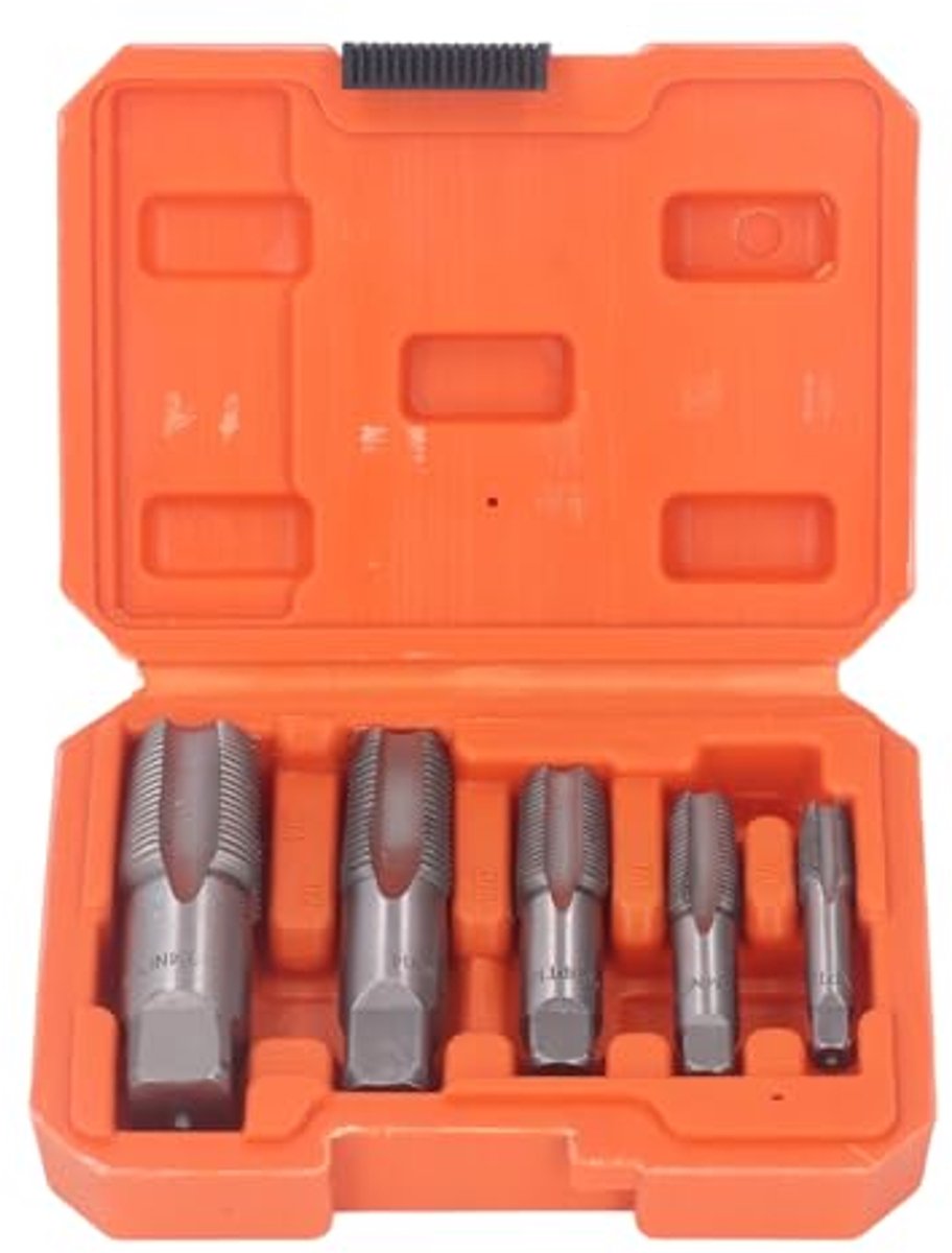 5-delige NPT-buistapset, 3/4, 1/2, 3/8, 1/4, 1/8 Inch Koolstofstaal Draadsnijgereedschapsset, Veelzijdige NPT-draadmaten, Nauwkeurig Draadsnijden, met Opbergkoffer, voor