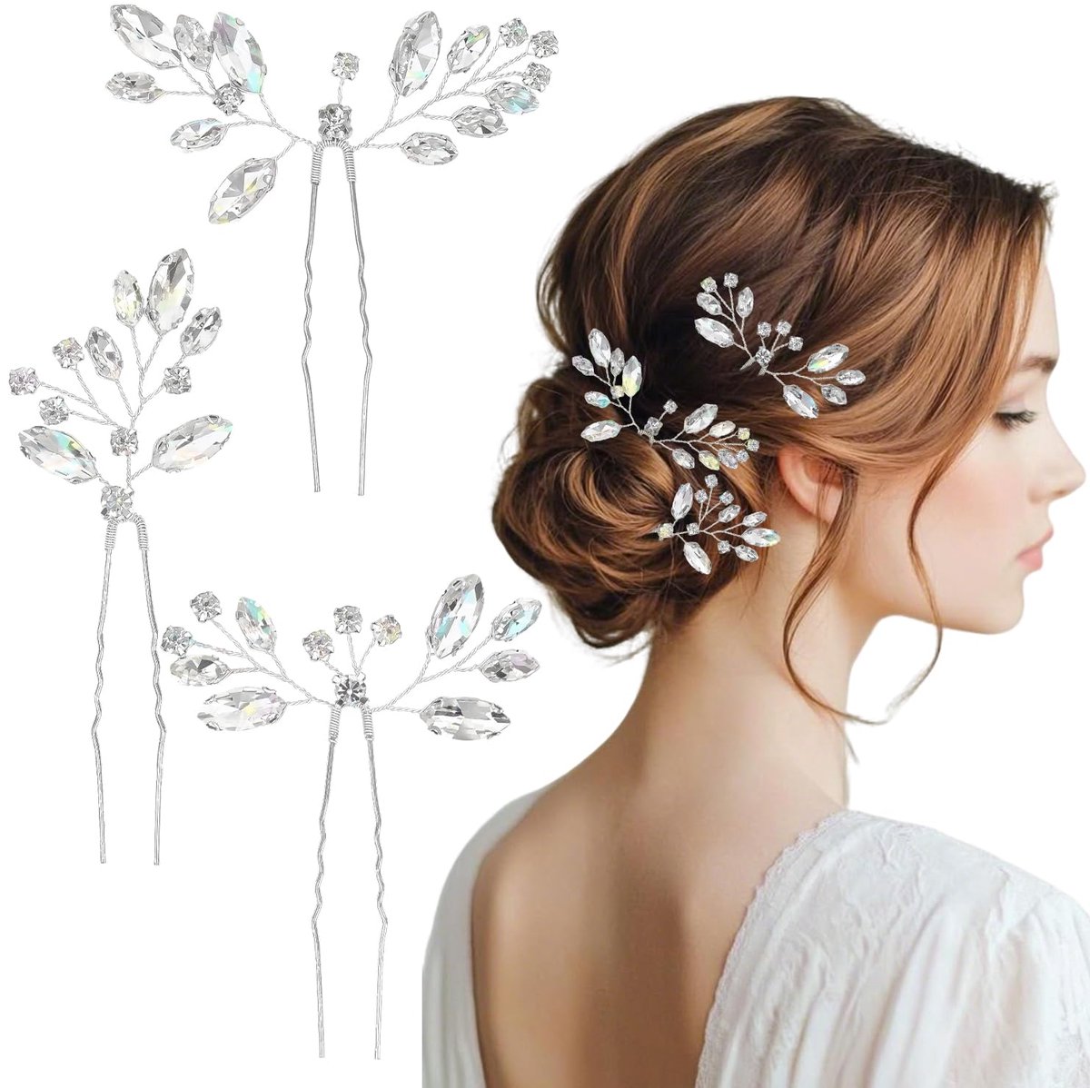 3 stuks haaraccessoires voor bruiloften voor vrouwen, haarspelden met kristallen strass en bloemen, haaraccessoires voor bruiden, bruidsmeisjes, gasten, vrouwen en meisjes (zilver)