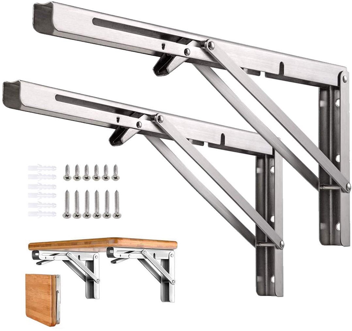 Opvouwbare beugels - Set van 2 - Draagvermogen tot 150 kg - Driehoekige opbergbeugel - Draagvermogen voor wandplanken - Geschikt voor opvouwbare planken - Stevig en duurzaam - 250 x 115 x 25 mm - Roestvrij staal