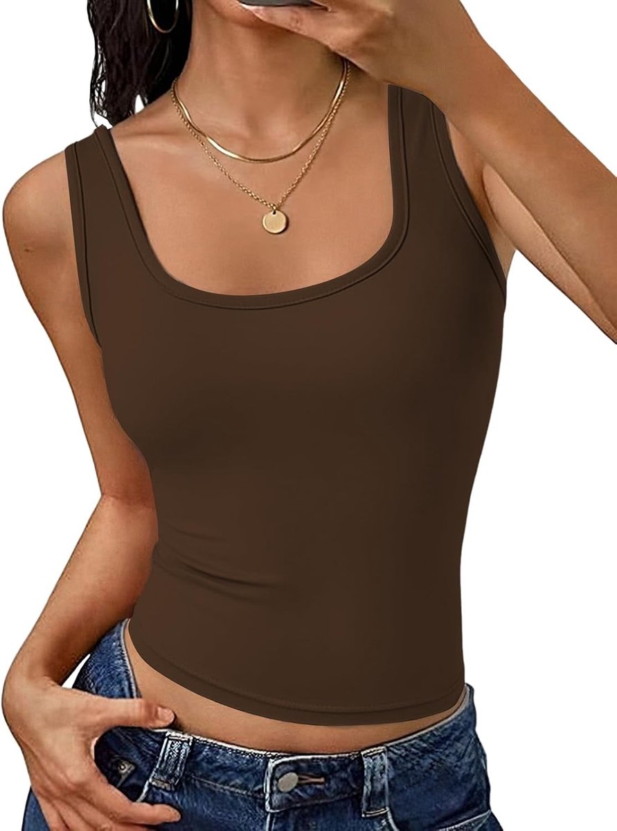 Tanktop Voor Dames met Vierkante Hals Tops Dames Dubbele Laag Brede Bndjes Basic Slim Fit Camitops