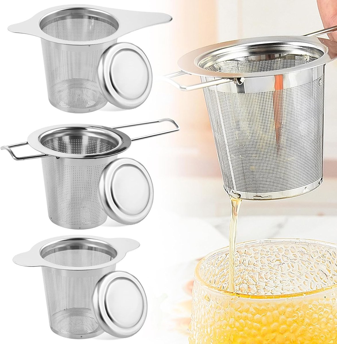 3 x theezeef voor losse thee van roestvrij staal, theefilter voor thee met deksel en zeef, fijne theezeef met opvouwbare handgrepen, thee-ei voor theepot, kopje, beker, vaatwasmachinebestendig