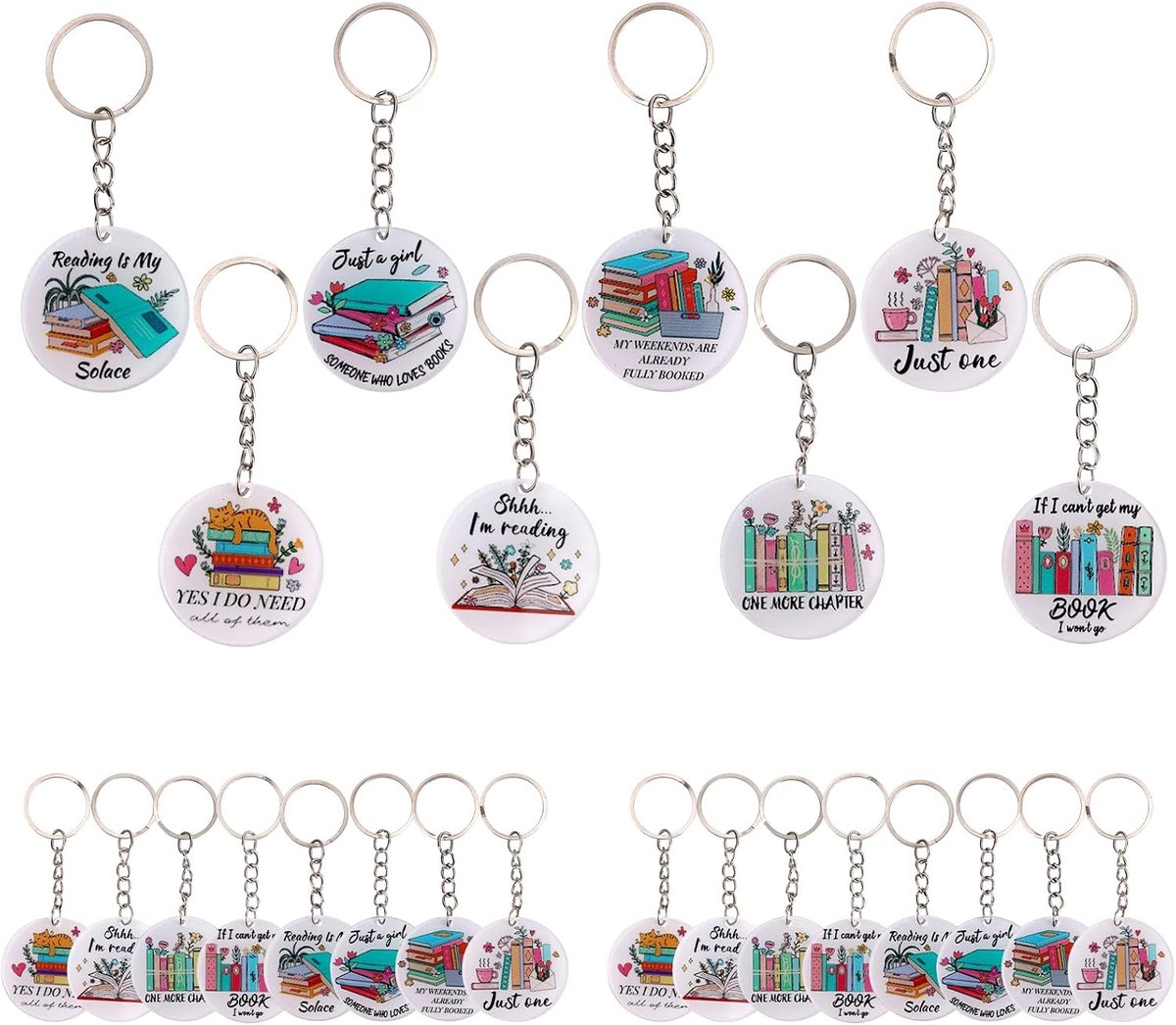 Set van 24 Sleutelhangers voor Boekenliefhebbers, 8 Ontwerpen Sleutelhanger met Boekthema van Acryl voor Lezers Bibliothecarissen Boekenwurmen en Leesgroepen