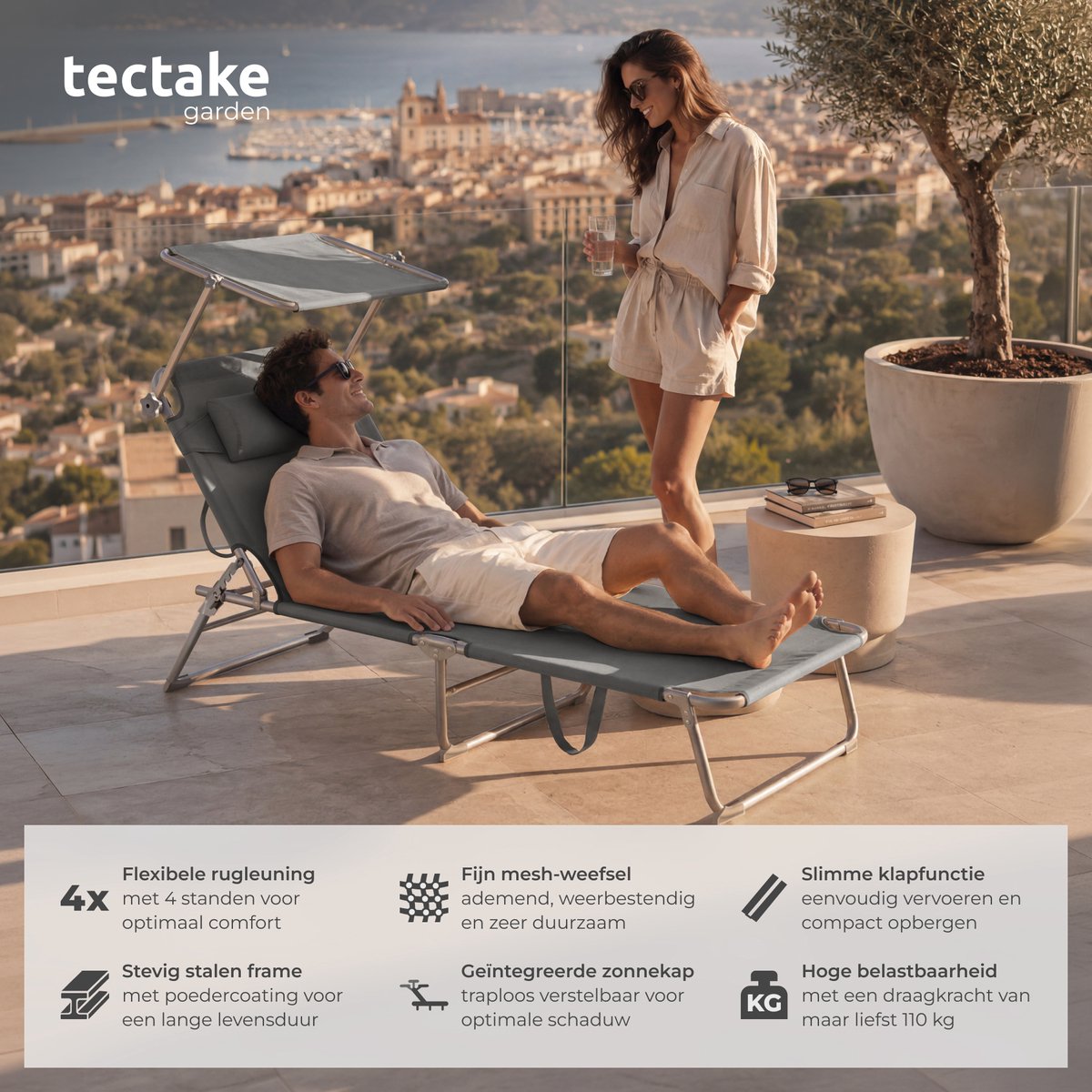 tectake® Ligstoel met Zonnescherm - Opvouwbaar Ligbed - Zonnebed met Verstelbare Rugleuning in 4 Standen - Inclusief Hoofdkussen - Strandstoel voor Buiten - Ideaal voor Tuin, Zwembad, Camping - Grijs — afbeelding 2