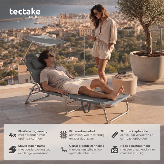 tectake® - ligstoel, robuust, verstelbaar, stalen onderstel met zonnescherm, 4-standen rugleuning inclusief hoofdkussen, strandstoel Ideaal voor tuin, zwembad, camping - grijs van TecTake — afbeelding 2