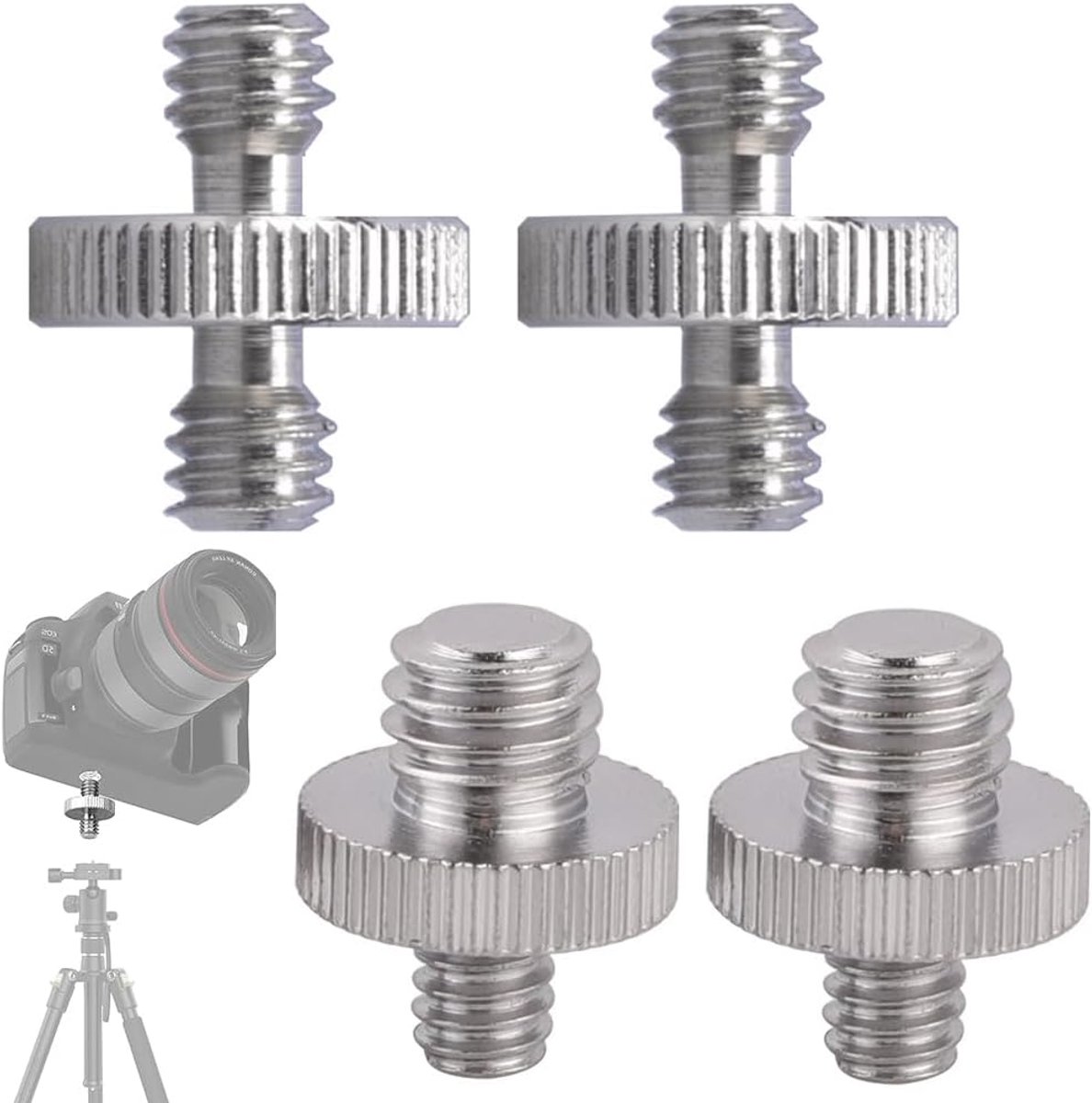 1/4 inch schroef, 4-delig, 1/4"-1/4" en 1/4"-3/8" dubbele schroeven voor camerastatief, kogelkop en lichtstatief, zilver, camera-bevestigingsschroef met snelsluiting