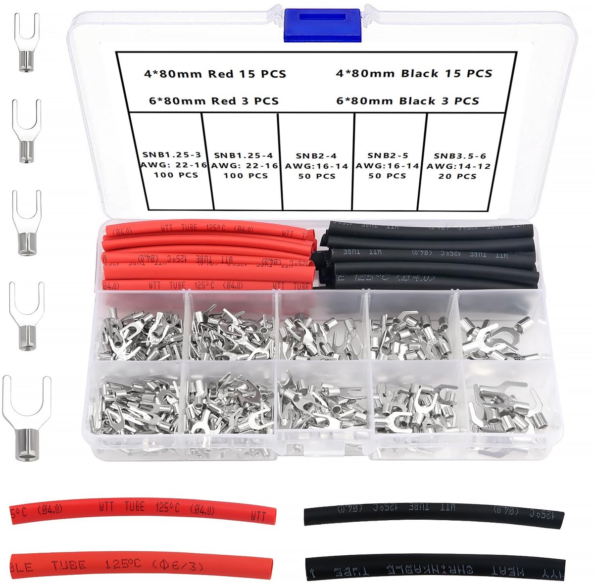 356 Stuks M3/M4/M5/M6 Delige Niet Geïsoleerde Draadterminalset, Vork Terminals Krimpterminals, met Warmtekrimpbuis, AWG 22-16 16-14 14-12