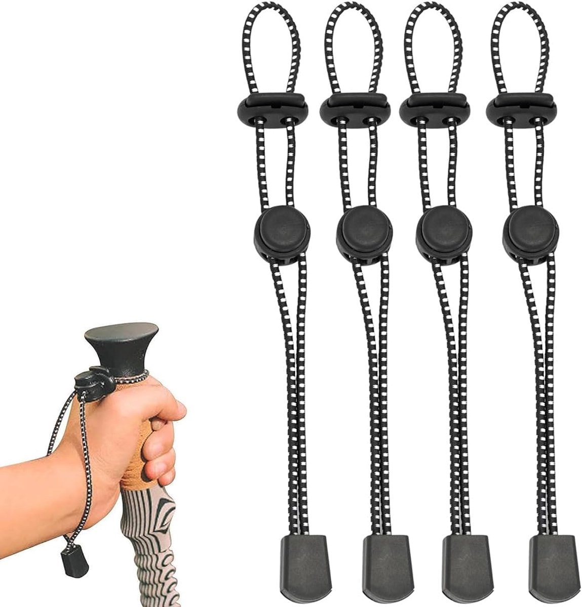 Trekkingrugzak met bevestiging voor stokken, set van 4, gesp van kunststof, elastische band voor bergbeklimmen, ideaal voor klimmen, wandelen en trekking in de open lucht.
