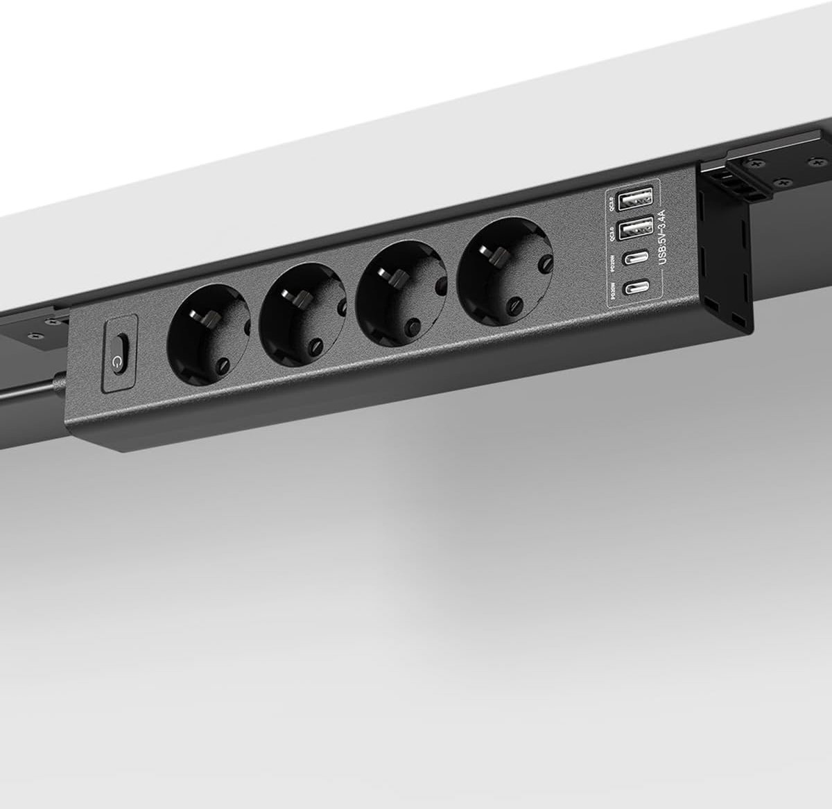 ondertafelmontage met overspanningsbeveiliging, meervoudig stopcontact, afzonderlijk schakelbaar, 4-voudig stopcontact met 2 USB A en 2 Type-C (PD 20 W), 2 m kabel (zwart)
