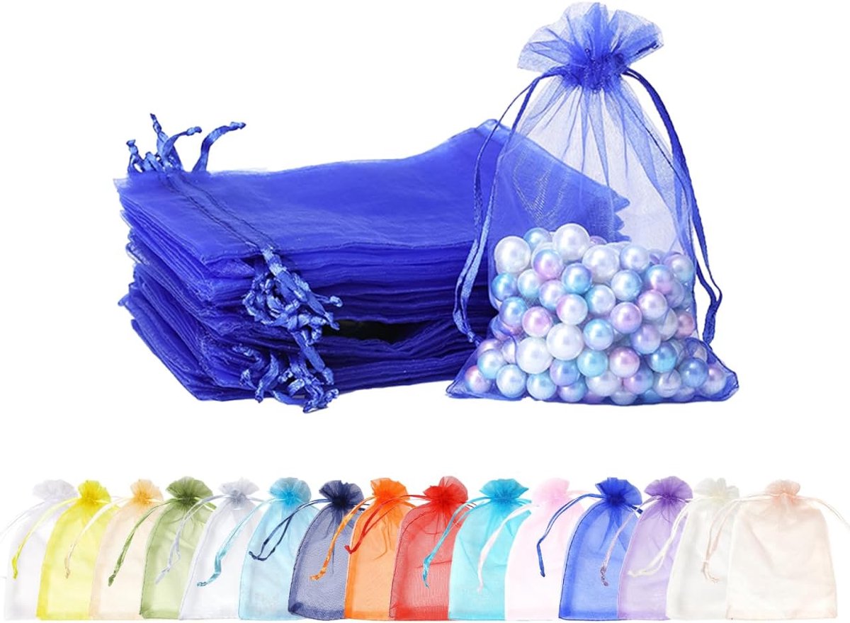 100 stuks koningsblauwe organza geschenkzakjes, 7 x 9 cm kleine organza gunstzakjes, trouwsieraden zakjes met trekkoord, mesh snoepzakje voor feest, zoete zakjes voor verjaardag, bruiloft, Kerstmis