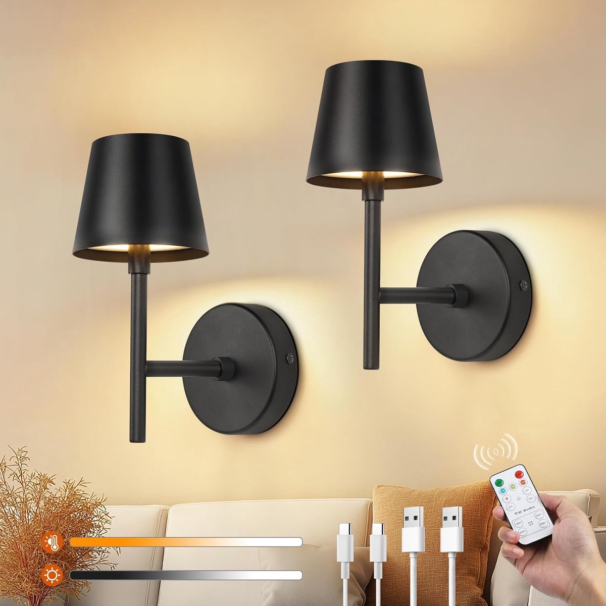 Oplaadbare wandlampen, set van 2, op batterijen werkende wandlampen, zwart met afstandsbediening, 3 kleurtemperaturen en dimbaar, timerfunctie, draadloze wandarmaturen voor woonkamer, slaapkamer
