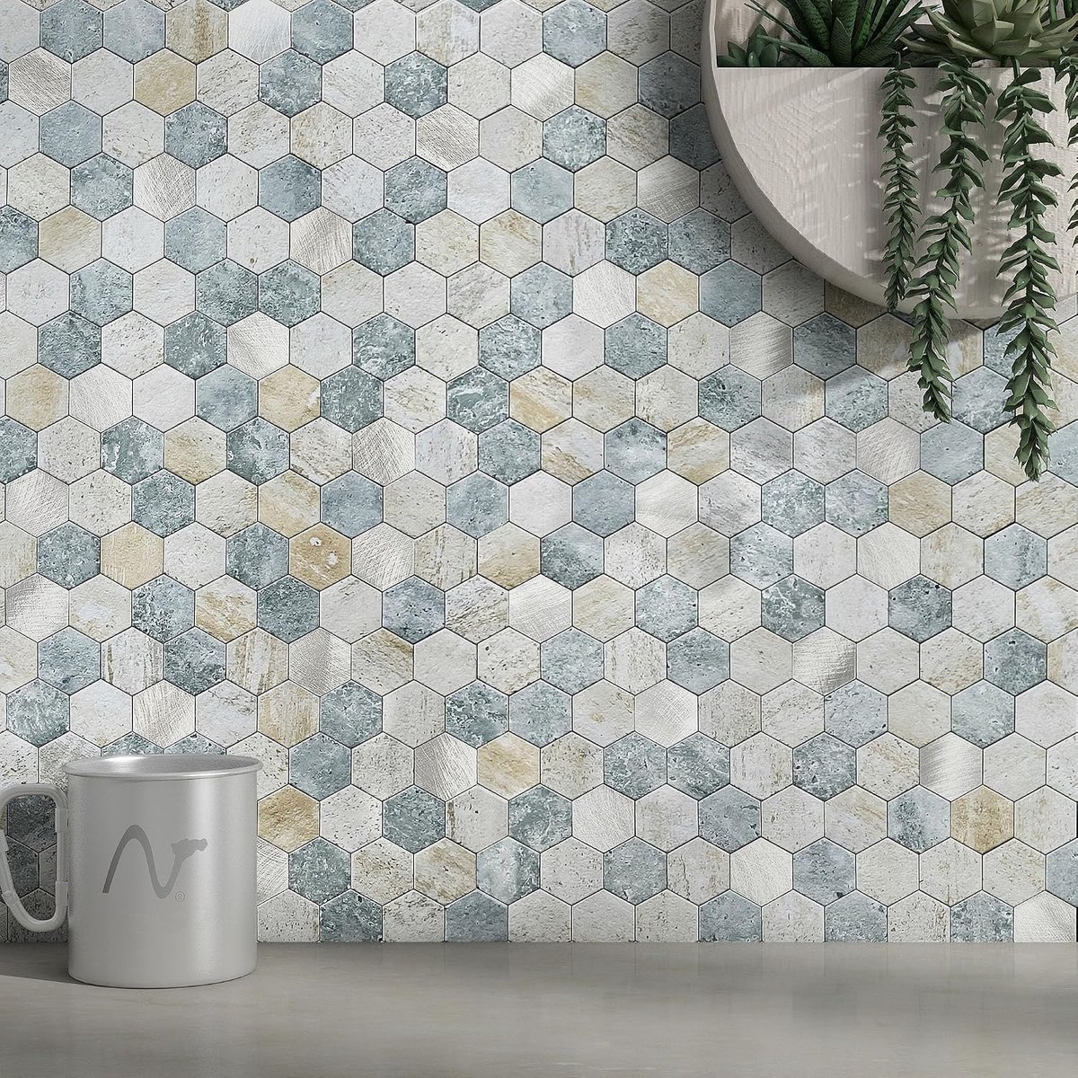 tegels voor achterwand keuken, zeshoekig, metaal, marmer, honingraat, muurtegels, stickers, mozaïek, hittebestendig, blauw, groen, grijs, 10 vellen