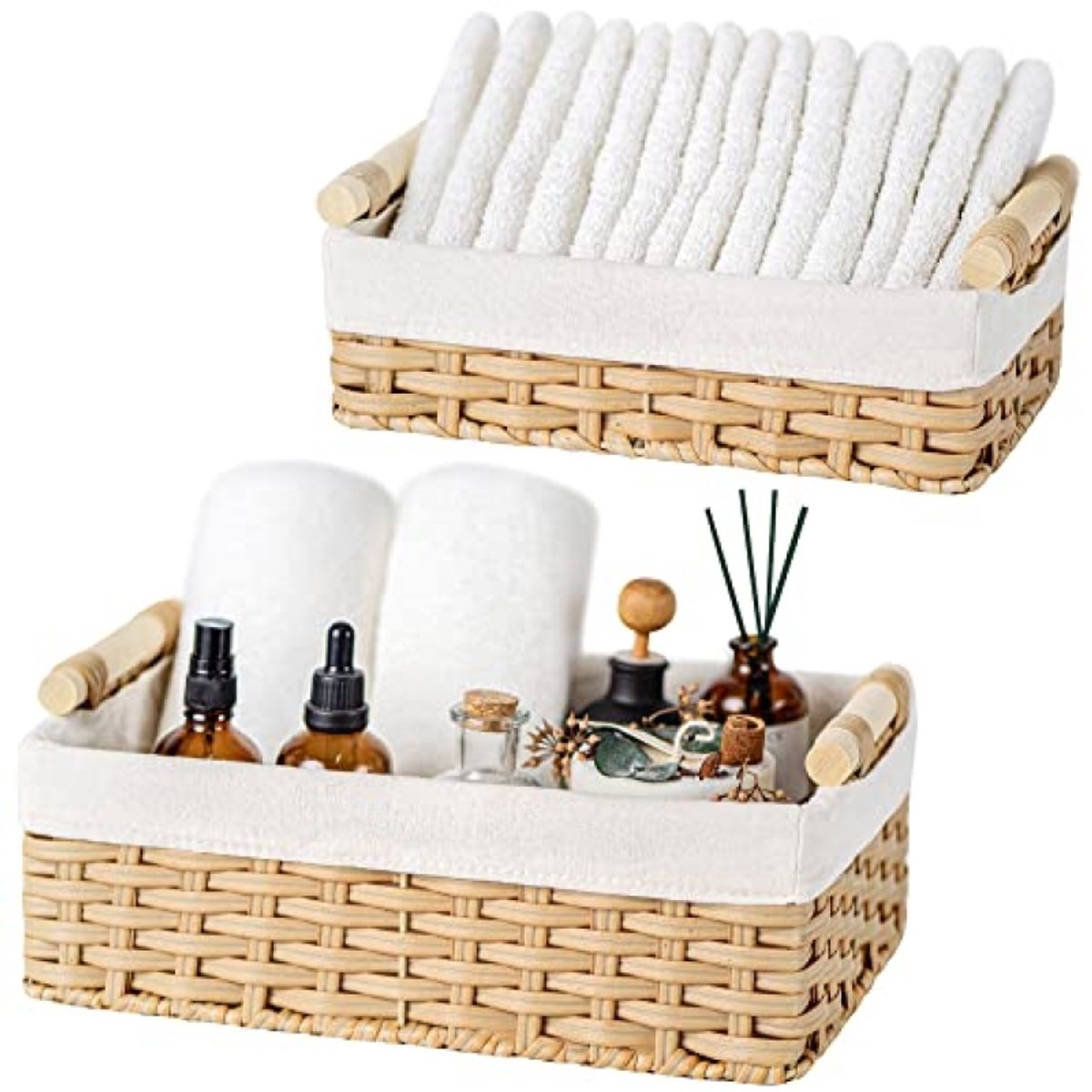 Huis Geluk Rieten opbergmanden set van 2 - Natuur Geel - met voering en handgrepen - 30,5x20x12 cm en 25x15x9 cm