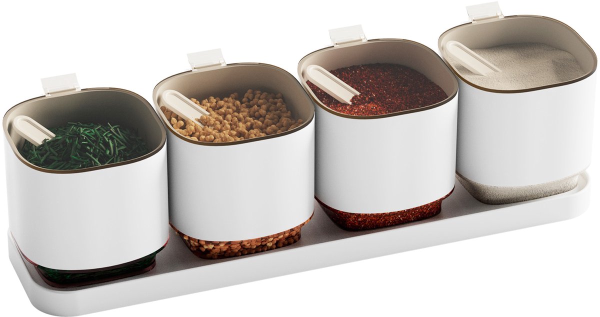 Arvioo kruidenbox - wit 4 stuks - afsluitbaar - met lepels - keuken opbergdoos`