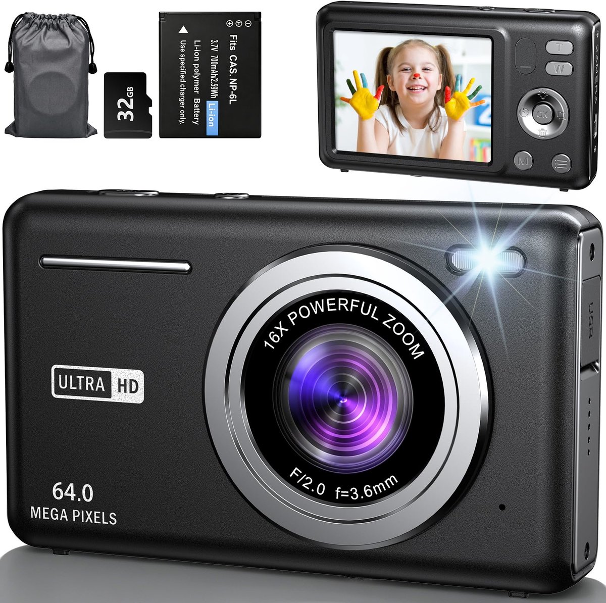 SnelShoppen - Digitale camera 4K 64MP met AutoFocus, 16x digitale zoom, 32 GB SD-kaart, 2,8 inch scherm - Compact fototoestel voor tieners, volwassene