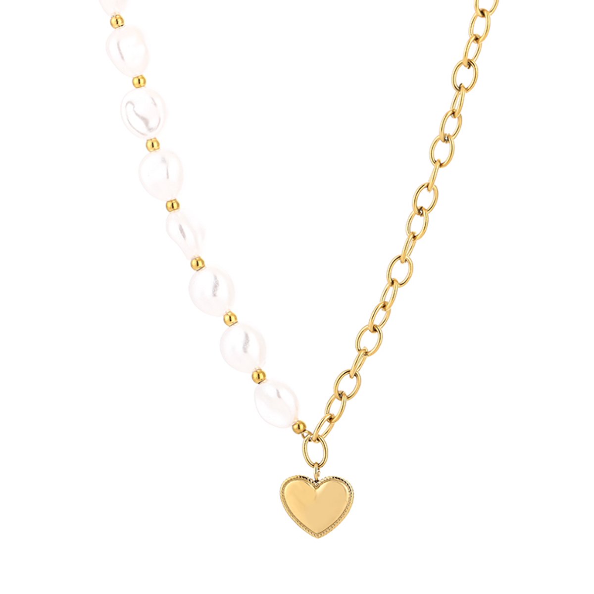 Halve Parel Ketting Dames met Hartje - Roestvrij Staal (RVS) - Half Parel Half Schakelketting 40+5 cm - Zoetwaterlook Parels & Hart Hanger - Sieraden Cadeau Vrouw