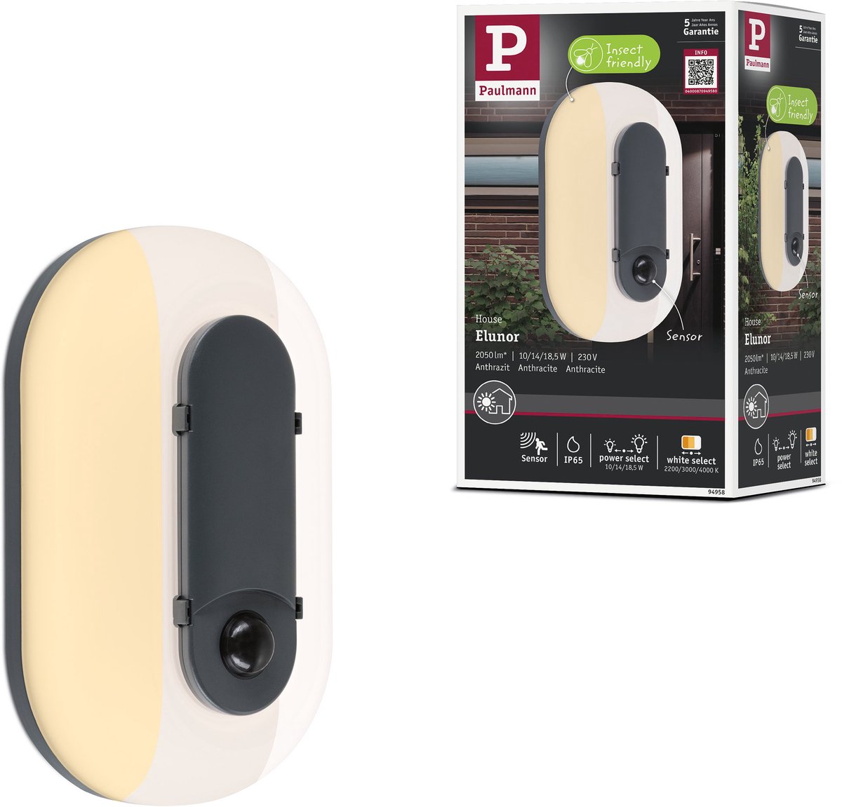 LED-wandarmatuur voor buiten Elunor incl. bewegingsmelder IP65 langwerpig 122x212 mm 2200 - 4000K 18,5W 1445lm 230V Antraciet, Wit Polycarbonaat