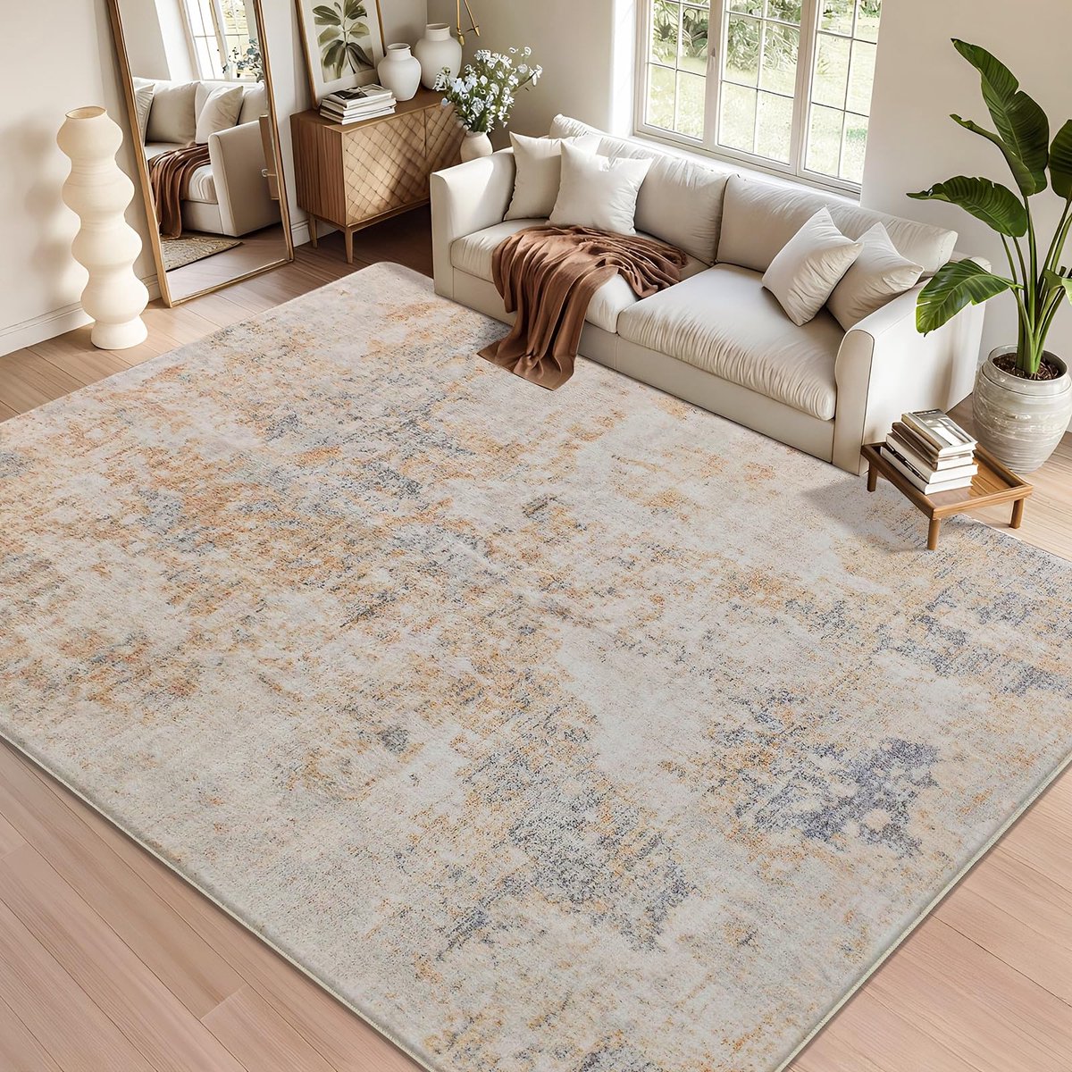 Vloerkleed voor Woonkamer en Slaapkamer, Korte Plooi, Modern, Groot, Zacht, Antislip, Abstract (Grijs/Beige/Goud/Multi, 200 x 250 cm)