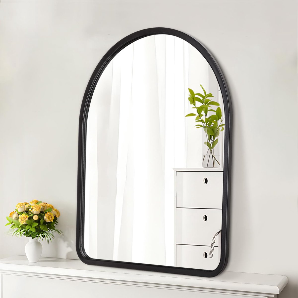 Wandspiegel met zwarte boog, wandspiegel met houten frame, decoratieve vintage hangspiegel voor badkamer, woonkamer, slaapkamer, hal, 65 l x 45 W cm