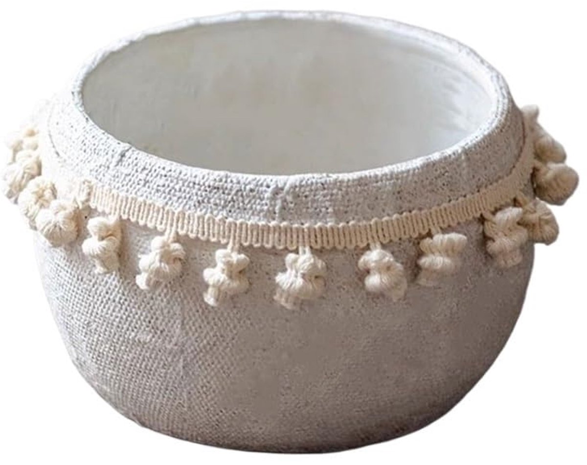 Wit Rond Weefpatroon met Rand Plantenpot Afvoergat Desktop Cement Bloempot for Balkon Woonkamer Keuken Plantencontainer (2 Maten)(Klein)