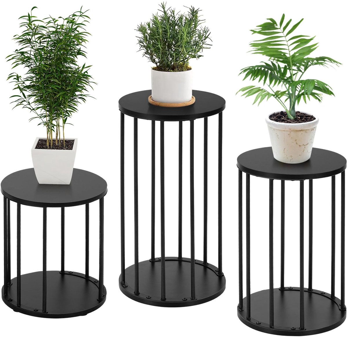 Plantenstandaards van metaal 35/45/55 cm, stevige en robuuste bloemenstandaard voor woonkamer, tuin, balkon, houten bloemenbankje, zwart