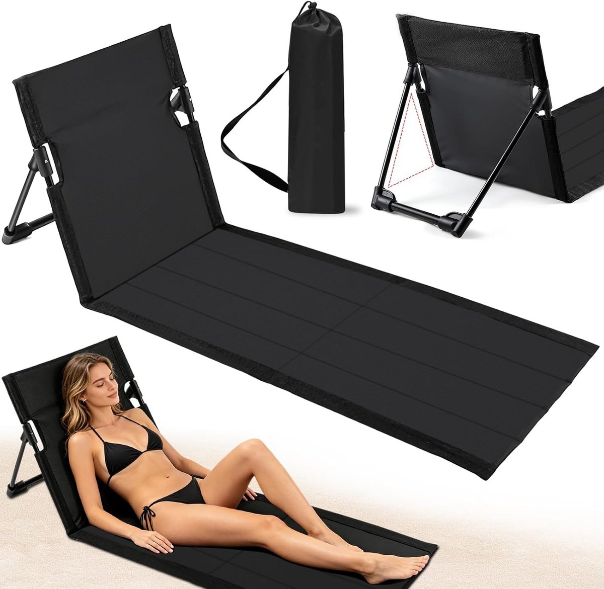 Strandbed met Verstelbare Rugleuning, Strandmatras met Draagtas, Zonnebed voor Strand, Tuin en Terras