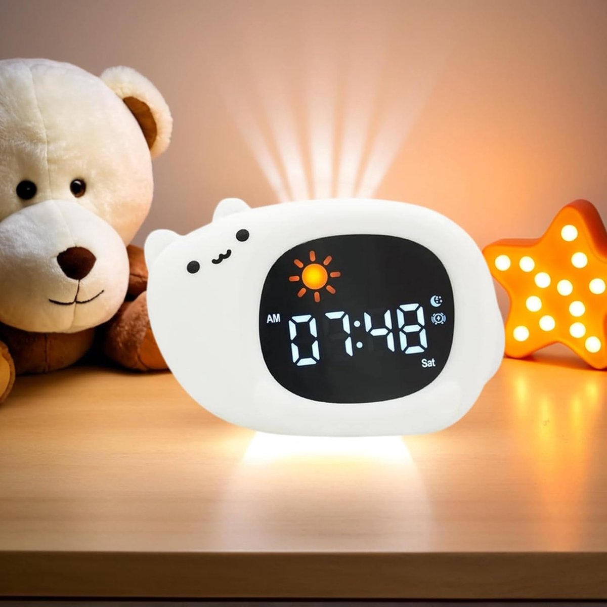 Alarm Clock Night Light with 8 Colors Light and 6 White Noises, Sleep Training Digital Clock, Adjustable Bright and Sound, Gifts for Kids - Cat
