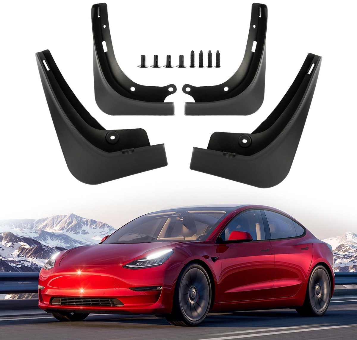 Dailygoods- Modderkleppen voor Tesla Model 3 2016-2023 - Spatlappen - Geen boren nodig - Duurzaam PP+PVC - Pakket van 4 - Makkelijk schoon te maken