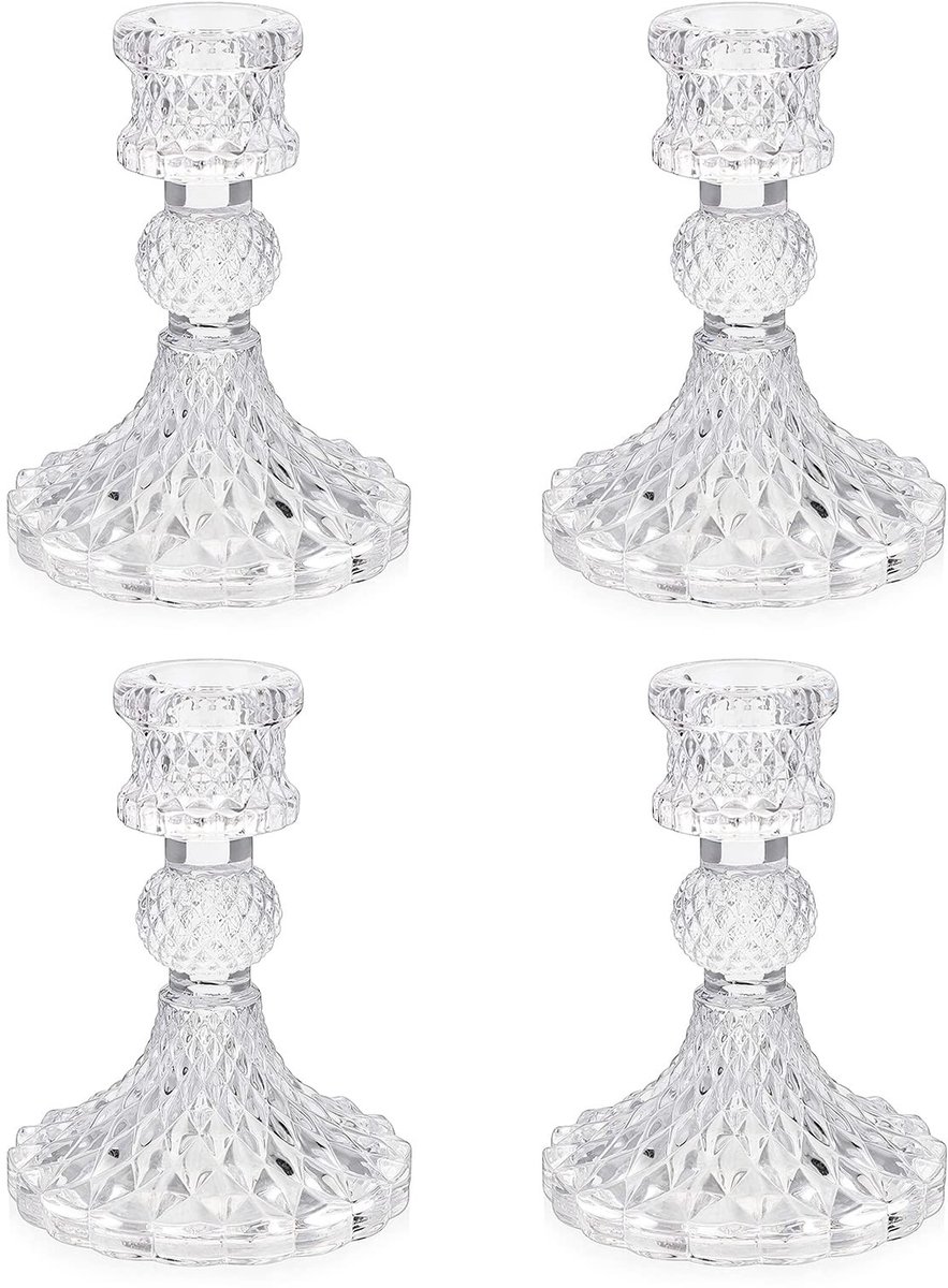 Dailygoods- Kandelaar Elegante Glazen Kandelaar - Transparant - Voor Bruiloft - Feestdecoratie - 4 Stuks - Hoogwaardige Kwaliteit - Kaarsenhouder