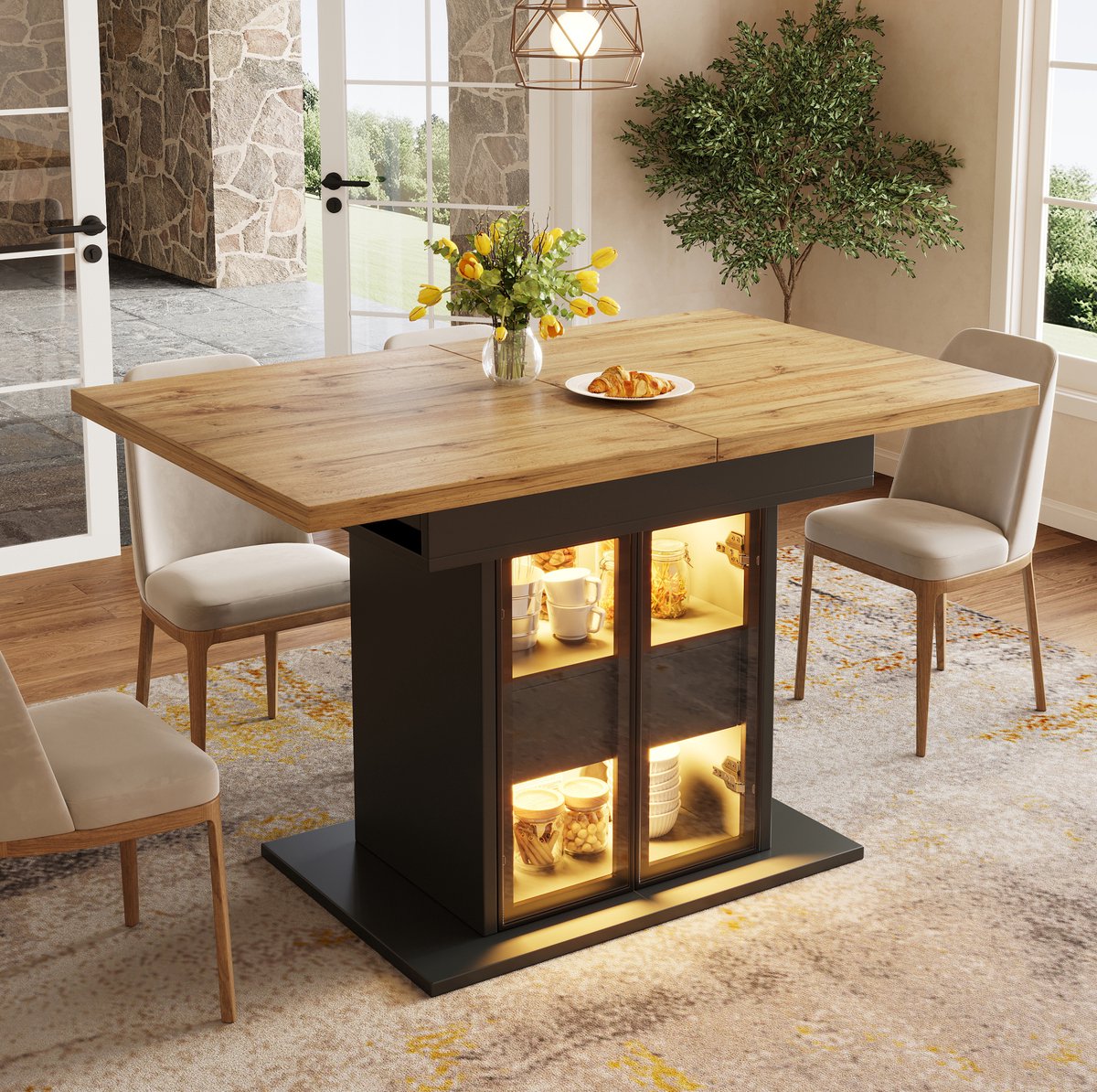 STILVORA Eettafel - Uitschuifbaar Met Opbergruimte En Ledverlichting - Met 2 Lades Voor Keuken En Eetkamer - MDF En Metaal - 110-140x80x77,9 Cm - Zwart
