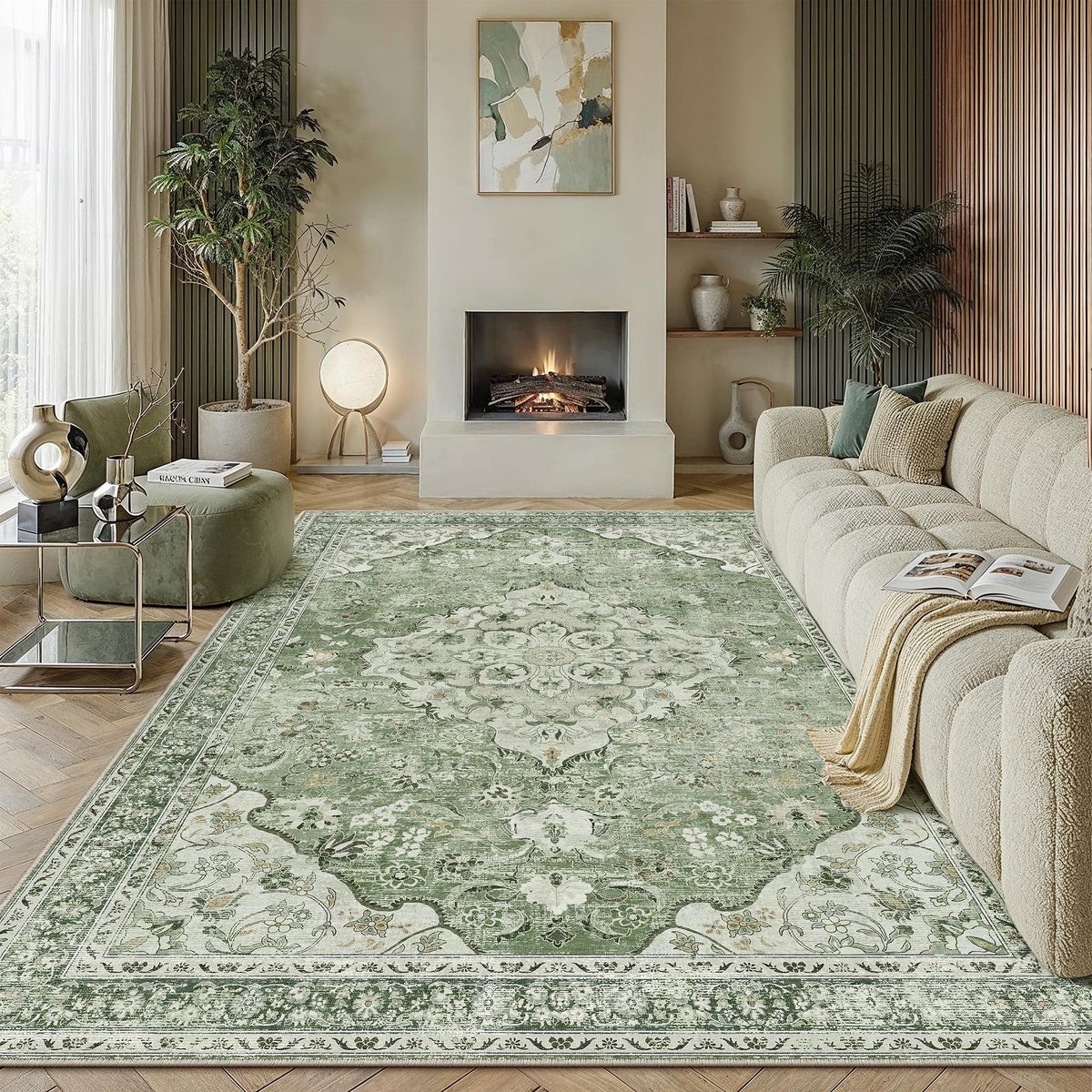 PurecozyGreenRugs Woonkamer 200 x 300 cm Bloemen Vintage Machine Wasbaar Antislip Gebied Traditionele Tapijten Groot Lichtgewicht Tapijt voor Eetkamer Thuiskantoor Slaapkamer Kinderkamer