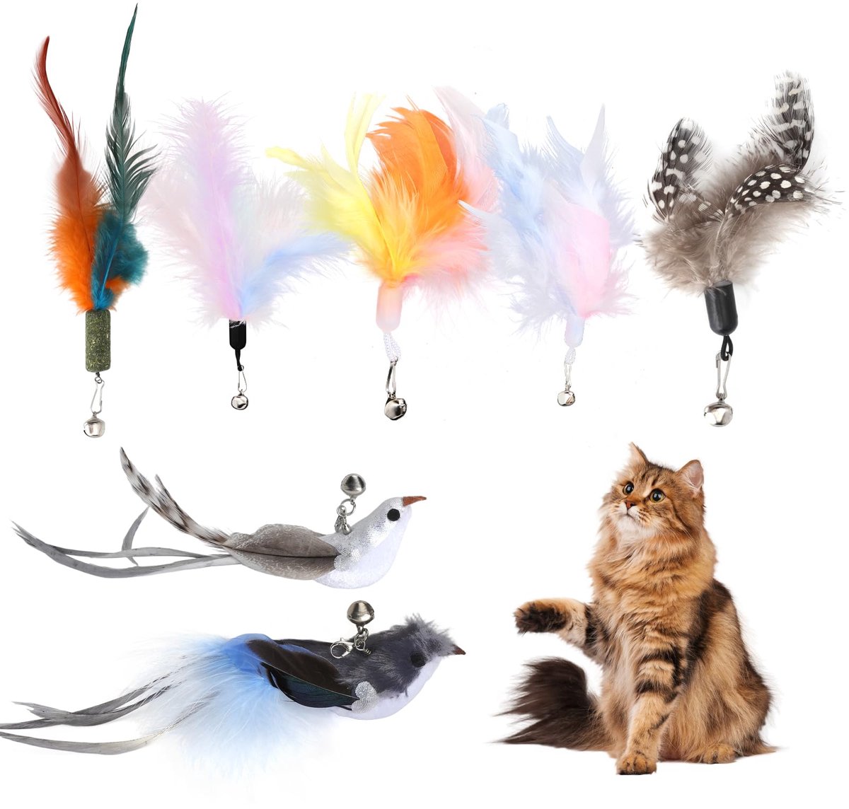 Kattenhengel 7 stuks kattenspeelgoed veren en vogelkoppen kleurrijke vervangstukken voor huiskatten kittens interactief spel