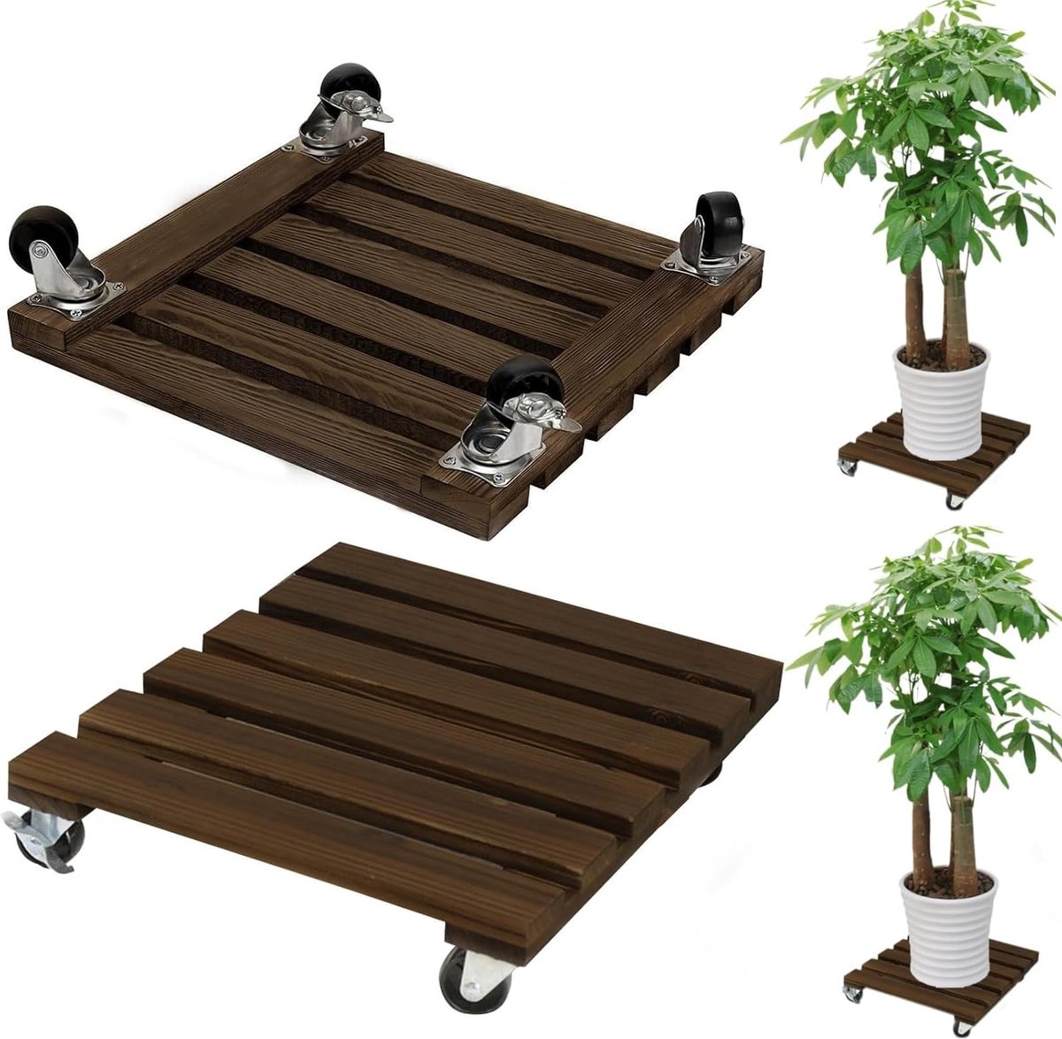 Plantenroller, rechthoekig, 40 x 40 cm, 2 stuks, bloemenroller, rond, plantenrolplank, draagkracht 91 kg, plantenroller outdoor, bloempotonderzetter met wielen, rond met wielen
