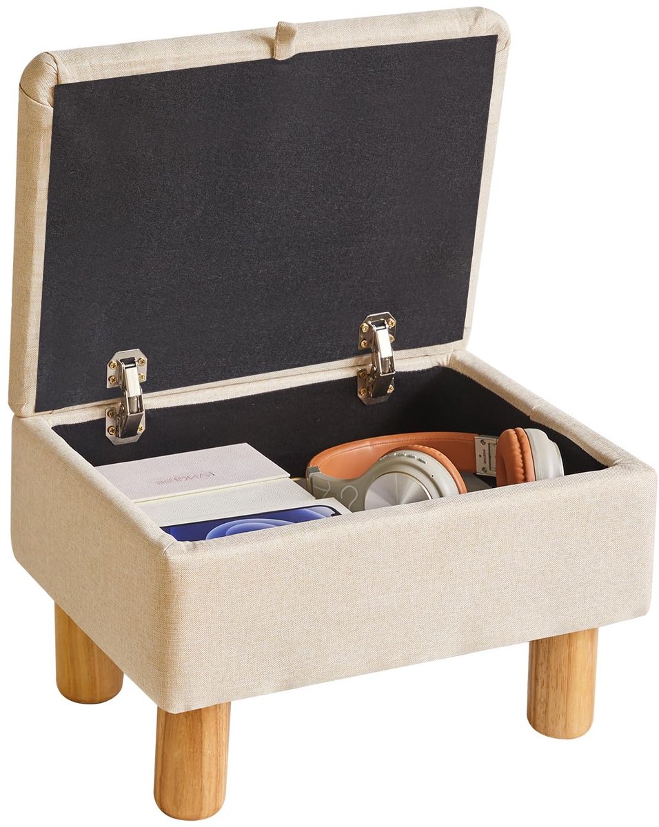 YD-JD1361 Voetkruk met opbergruimte, kleine voetenbank, stoffen voetenbank met houten poten, voor woonkamer, slaapkamer, entree, beige