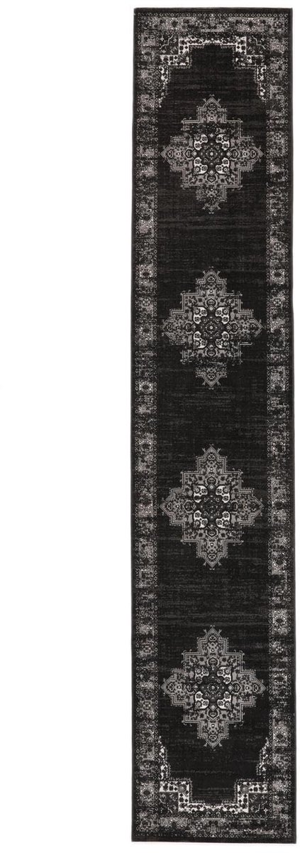 Vloerkleed, Vintage, 80 x 400 cm, Rechthoekig, Laagpolig, Woonkamer, Eetkamer, Slaapkamer, Keuken, Hal, Alleen chemisch reinigen, oeko_tex_100, Zwart