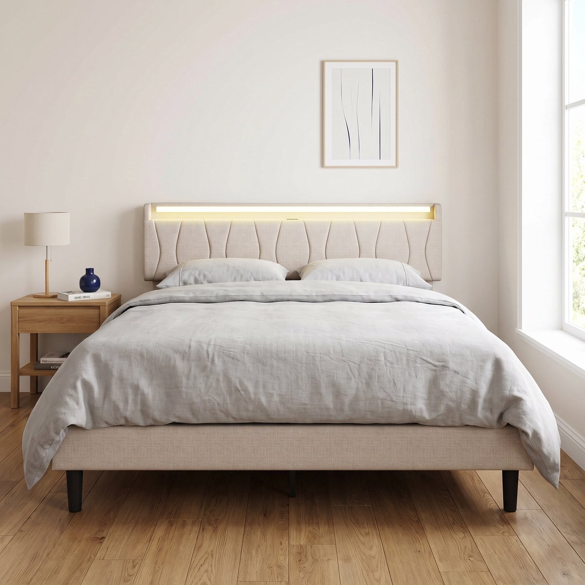 Gestoffeerd bed 160x200 cm - Tweepersoonsbed met RGB LED en USB/Type-C - Hoofdbord met opbergruimte - Linnen - Modern - Beige