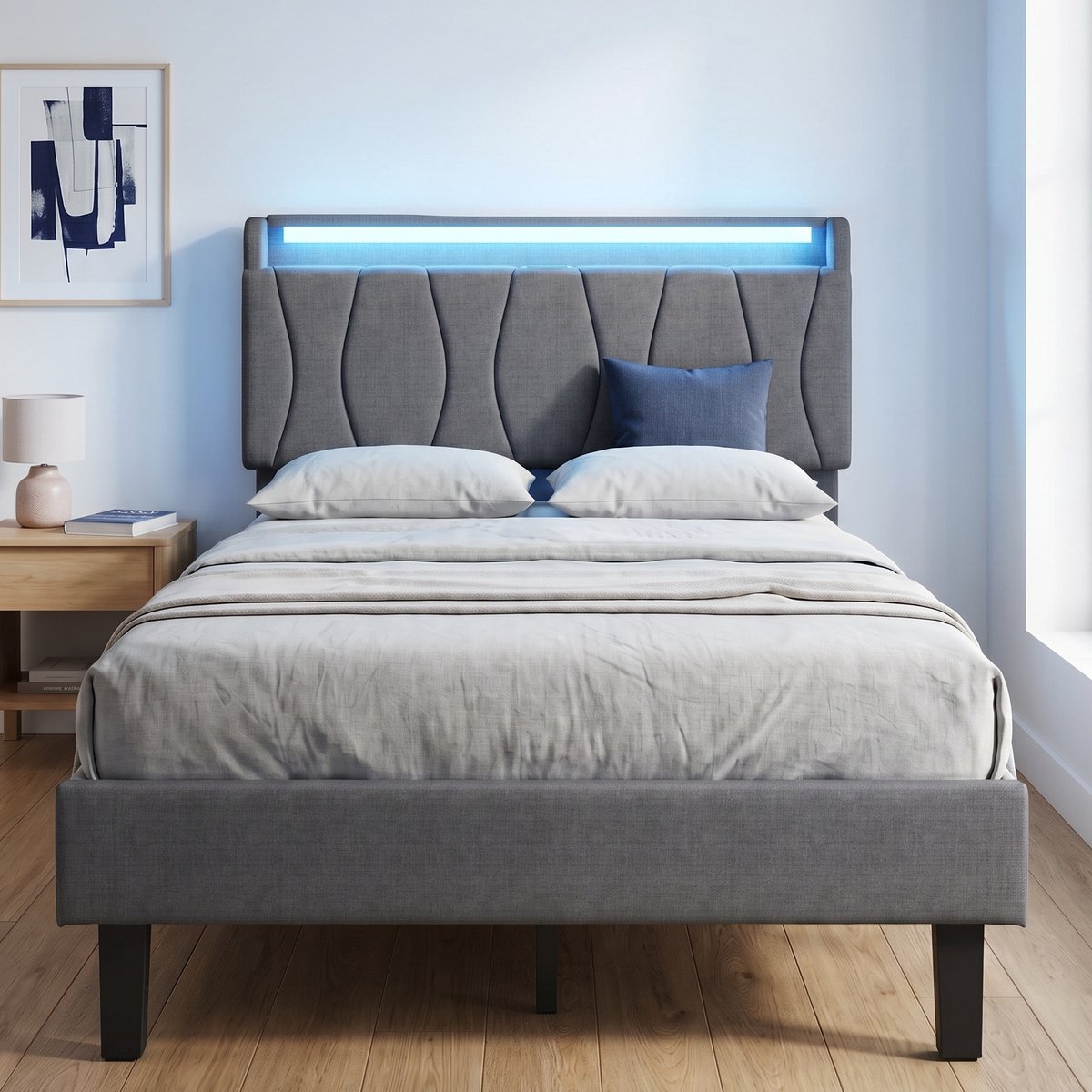 Gestoffeerd Eenpersoonsbed 90x200 cm - met RGB LED en USB/Type-C - Hoofdbord met opbergruimte - Linnen - Modern - Grijs