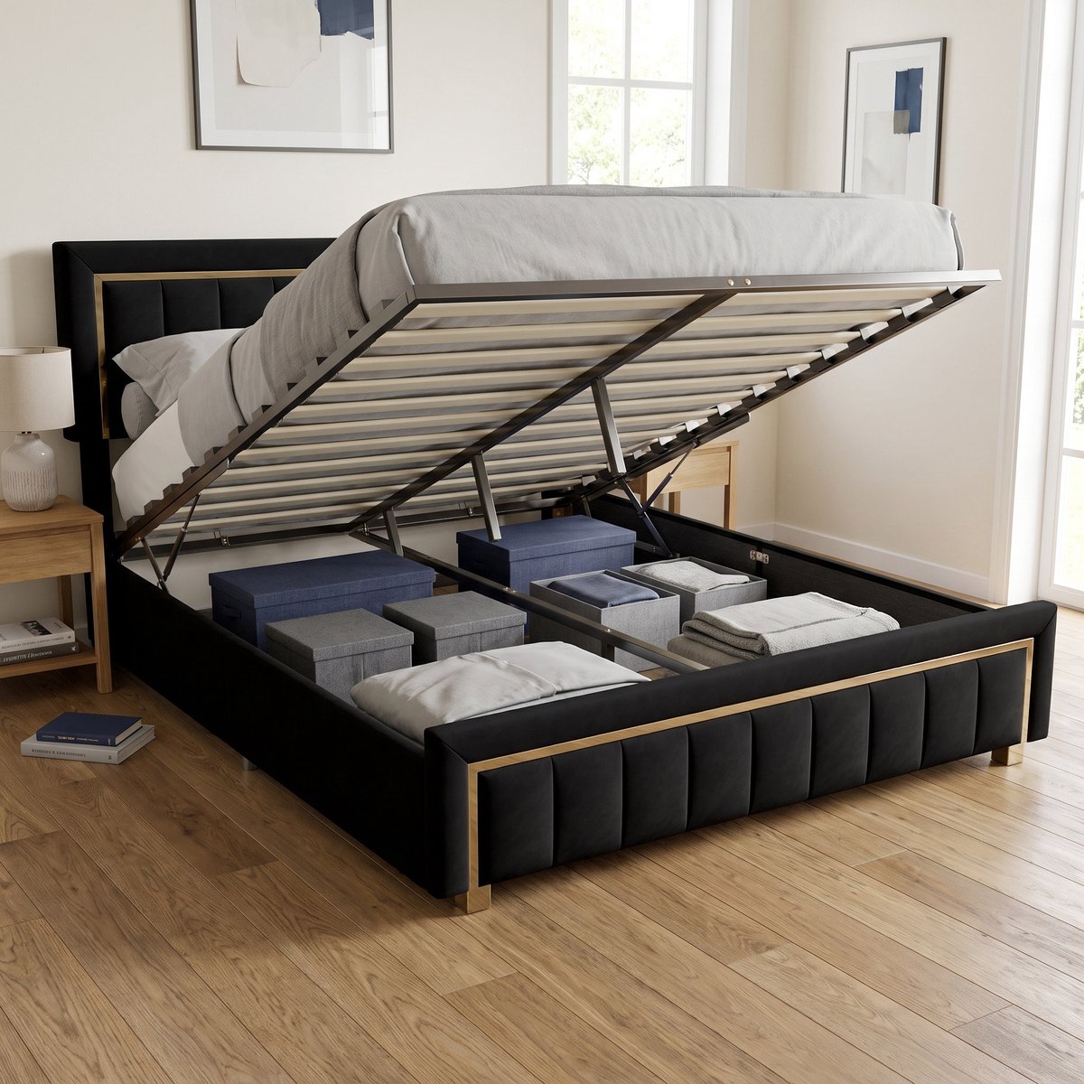 Gestoffeerd Opbergbed - Tweepersoonsbed 160x200 cm - met hydraulische opbergruimte en lattenbodem - Fluwelen bed - Luxe stijl - Zwart