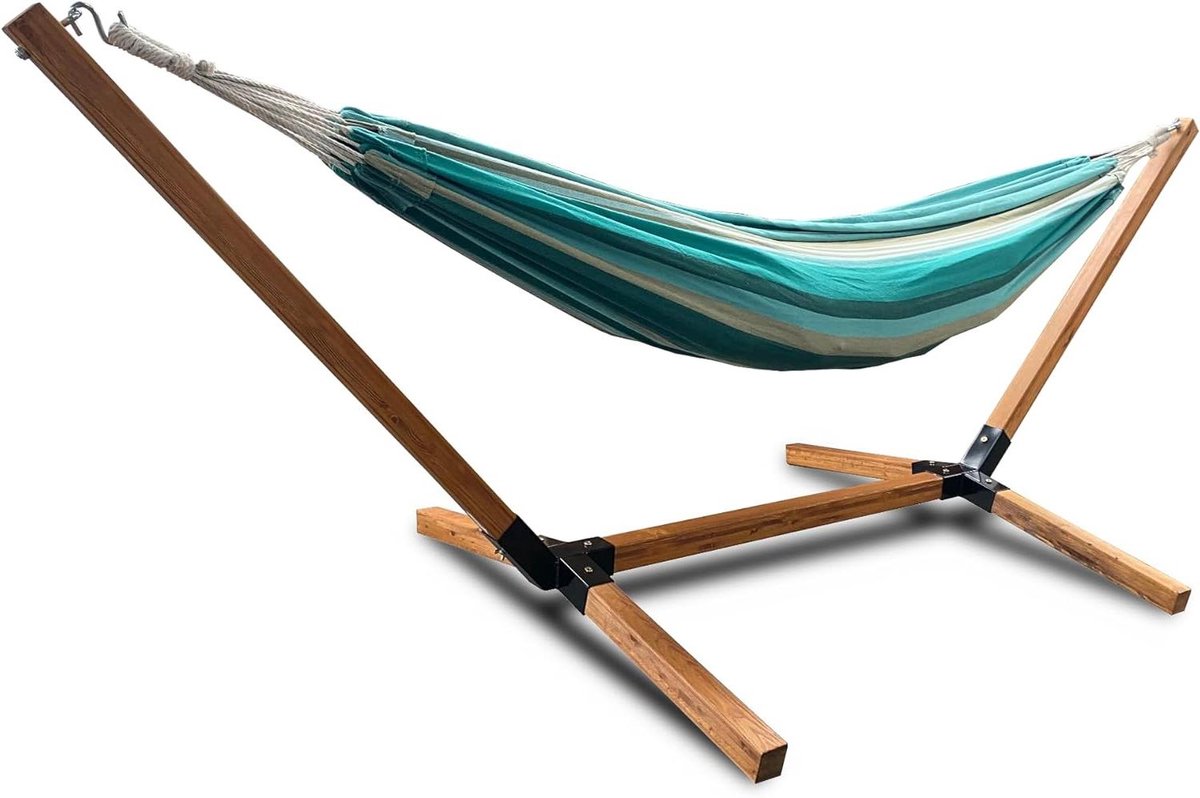 Hangmat met frame - Ligstoel standaard - Ontspannen buiten - Houten standaard - 270 x 100 x 95 cm - Groen