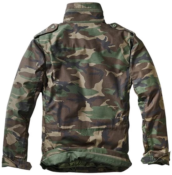 Dorso van een groene camouflage jas met opstaande kraag en epauletten.