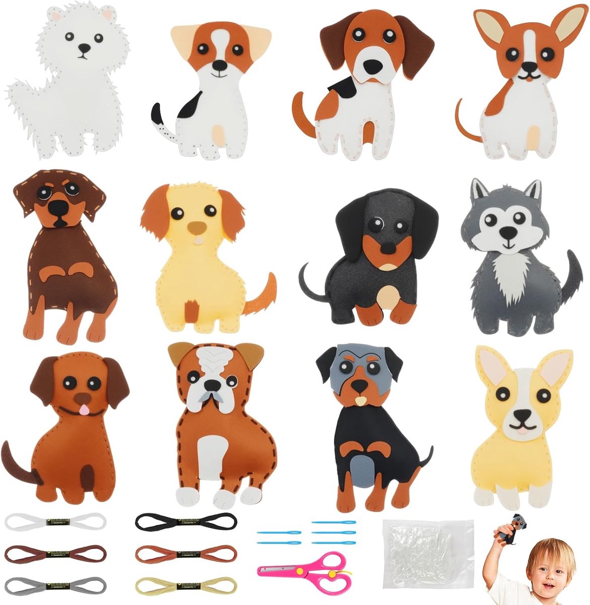 Naaiset voor kinderen, 12-delige schattige puppy naai-knutselsets, leuke knuffeldieren doe-het-zelf kits voor kinderen leren naaien kunst en ambachten kit, inleiding tot naaiset voor kinderen