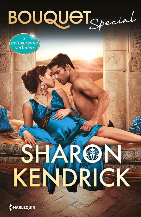 Vrouw in blauw satijnen jurk leunt tegen man op een Arabisch gedecoreerd bed, Bouquet Special Sharon Kendrick.