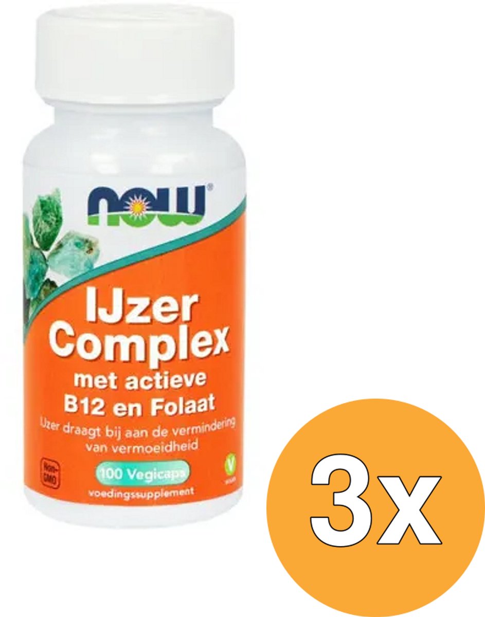 3x Now IJzer Complex met actieve B12 en folaat (100 vega capsules)