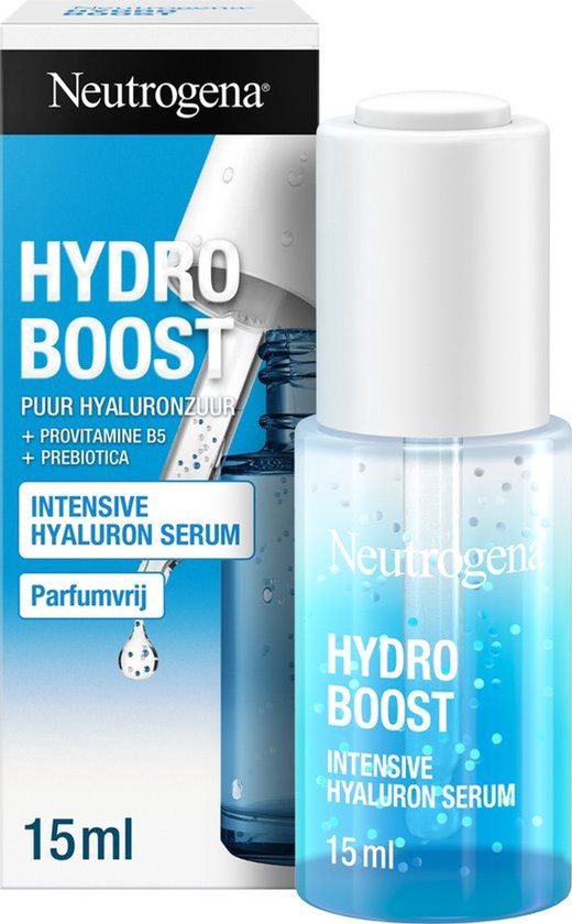 Neutrogena Hydro Boost Intensief Hyaluron Serum, 15 ml. Blauwe fles met witte dop. Bevat puur hyaluronzuur, provitamine B5 en prebiotica.