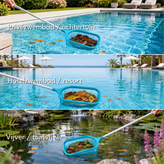 Een blauw zwembad schepnet wordt gebruikt om bladeren te verwijderen uit een privézwembad, een zwembad in een resort en een vijver.