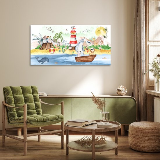 Poster kinderen - Wanddecoratie jongens - Strand - Dieren - Kinderen - Vuurtoren - Poster kinderkamer - 120x60 cm - Decoratie kinderkamers - Kinderkamer decoratie - Poster Babykamer — afbeelding 3