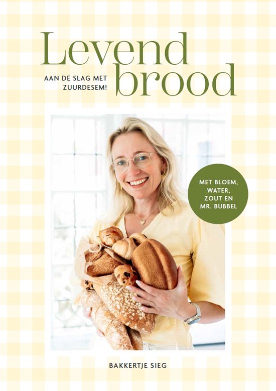 Vrouw met bril in gele blouse met diverse broden en croissants, met de tekst Levend brood
