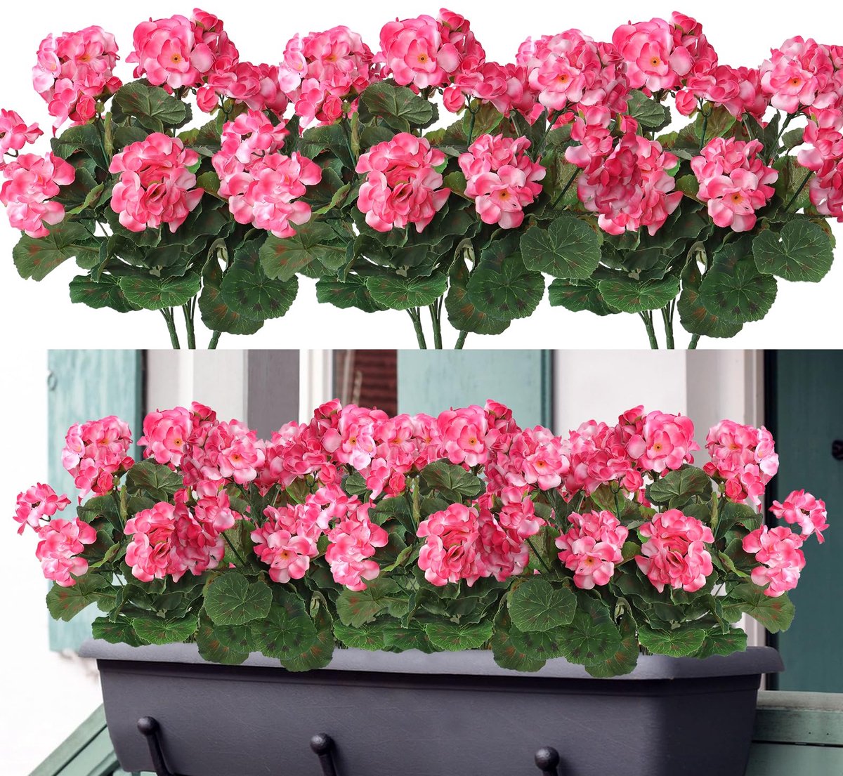 Kunstbloemen, 6 bundels voor binnen en buiten, kunstbloemen, decoratie, kunstbloemen, uv-bestendig, geraniumstruik voor hangende tuin, veranda, raam, box, decoratie, roze