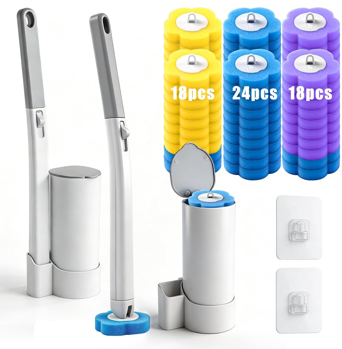 Wc-borstel, wandmontage met 60 stuks reinigingsnavullingen, sponzen en 2 toiletborstelhouders, wc-borstel borstelgarnituur, blauw (Ocean Fresh geur)