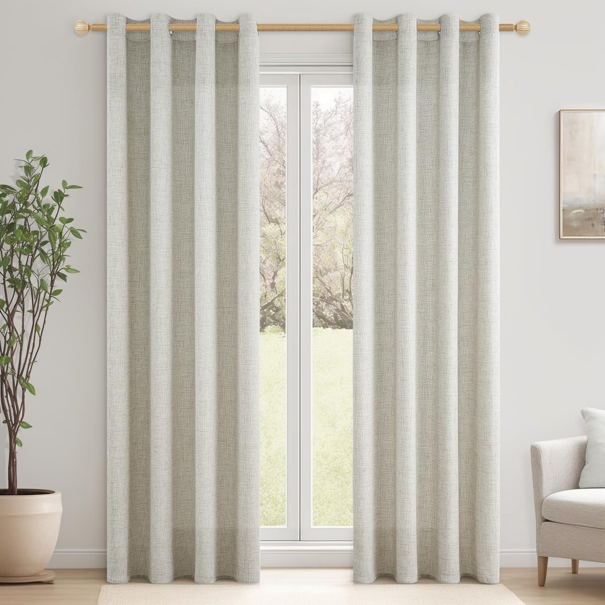 Gordijnen van natuurlijk linnen, transparant, met ringen, rustieke gordijnen voor woonkamer, deur, raam, slaapkamer, 140 x 225 cm, 2 stuks